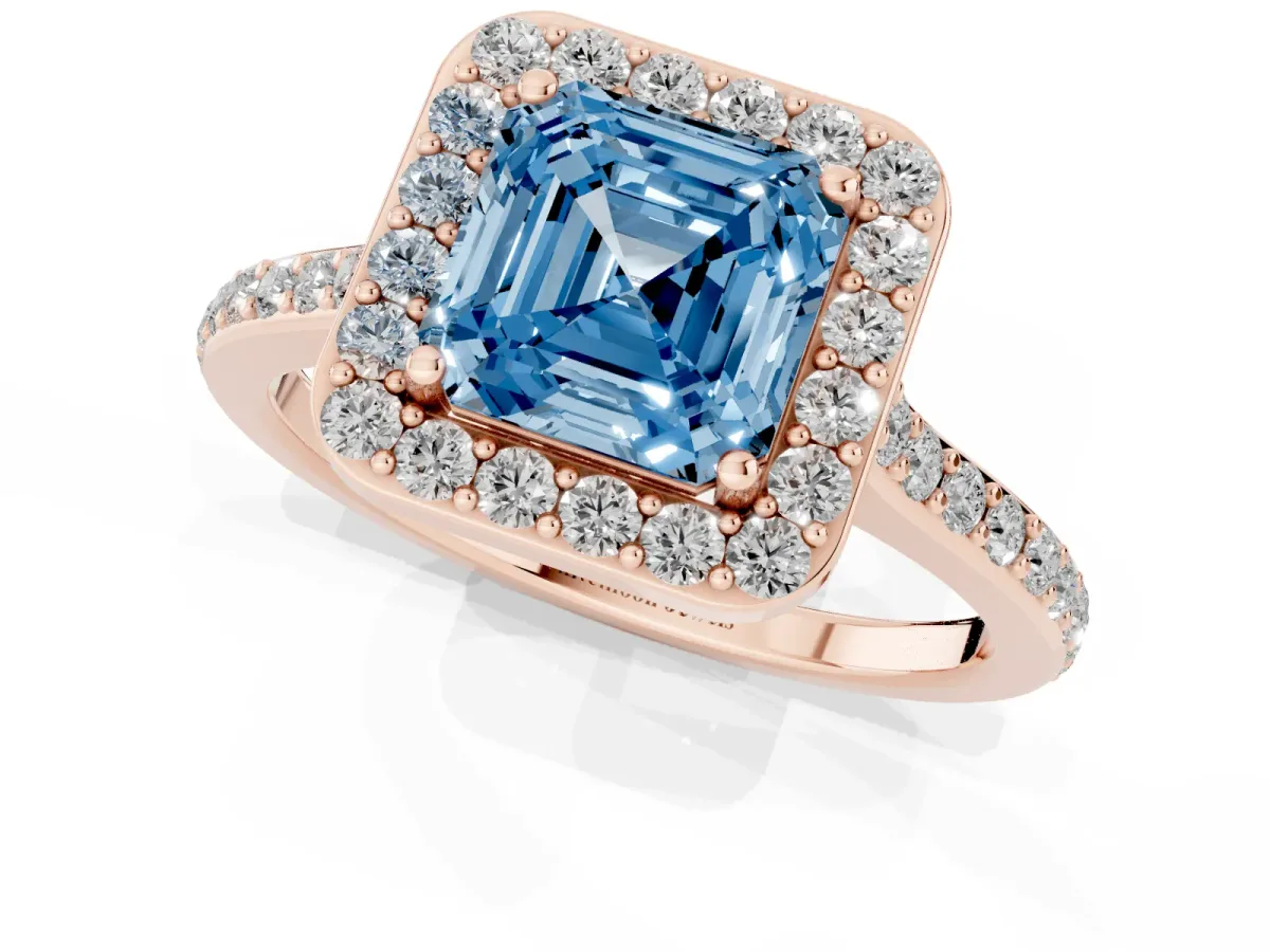 Fancy Blue Asscher Cut Diamond Halo Engagement Ring with Round Pavé Shoulders and Prong Setting Rose gold