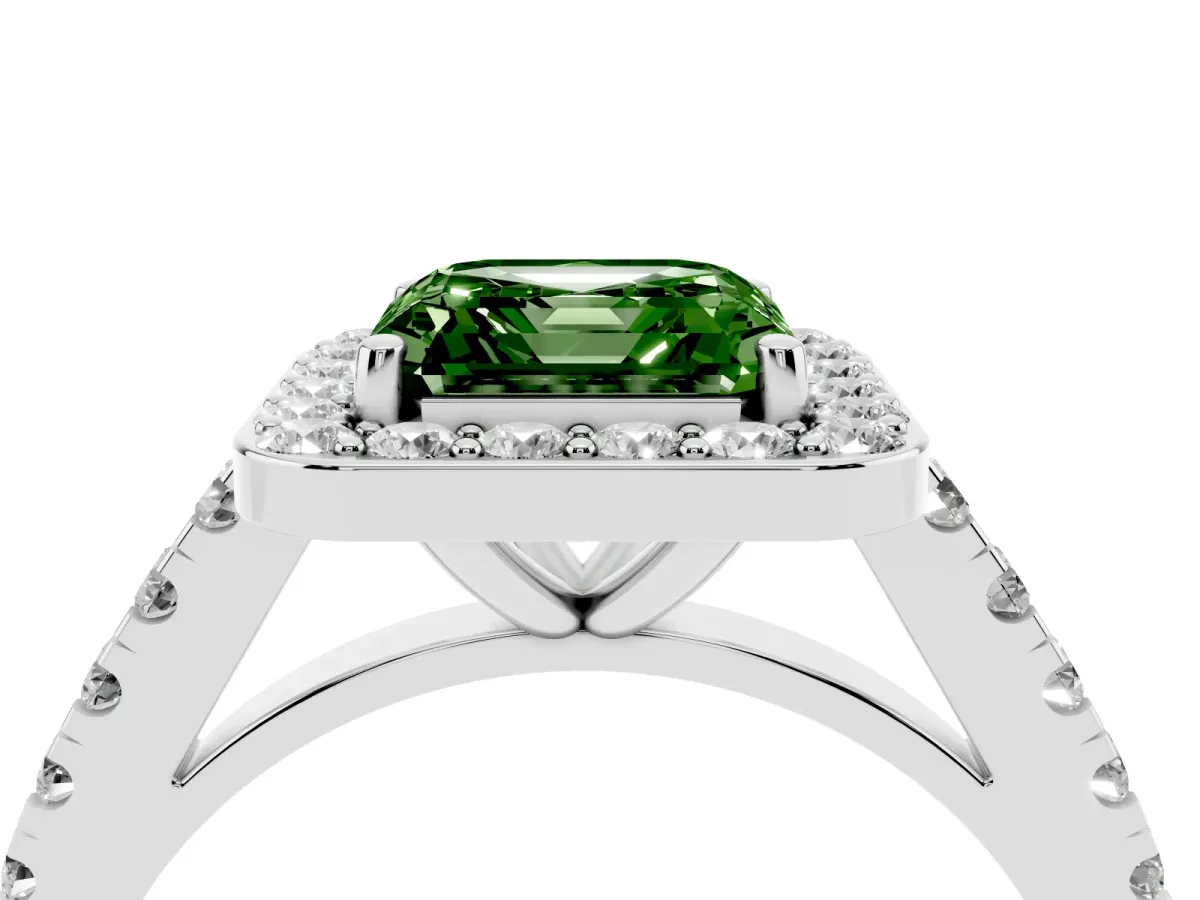 Fancy Green Asscher Cut Diamond Halo Ring with Round Pavé Split Shank and Prong Setting Silver