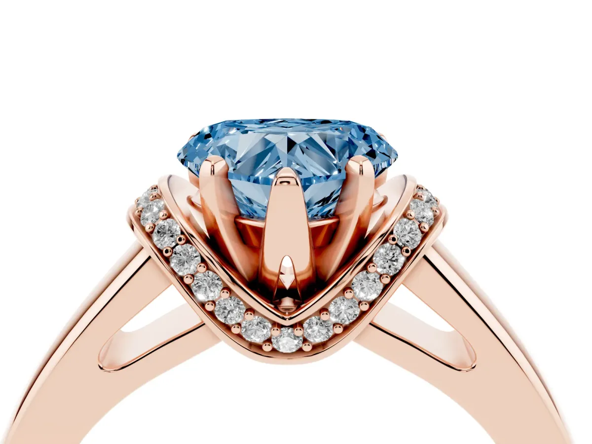 Fancy Blue Heart Cut Solitaire Diamond Ring with Pave Band and Six-Prong Setting Rose gold