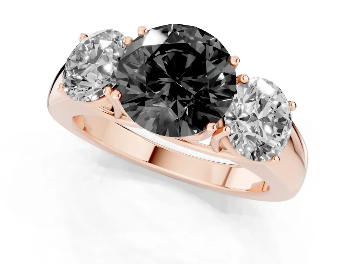 Fancy Black Three-Stone Round Cut Cut Diamond Ring with Prong Setting and Classic Band Rose gold