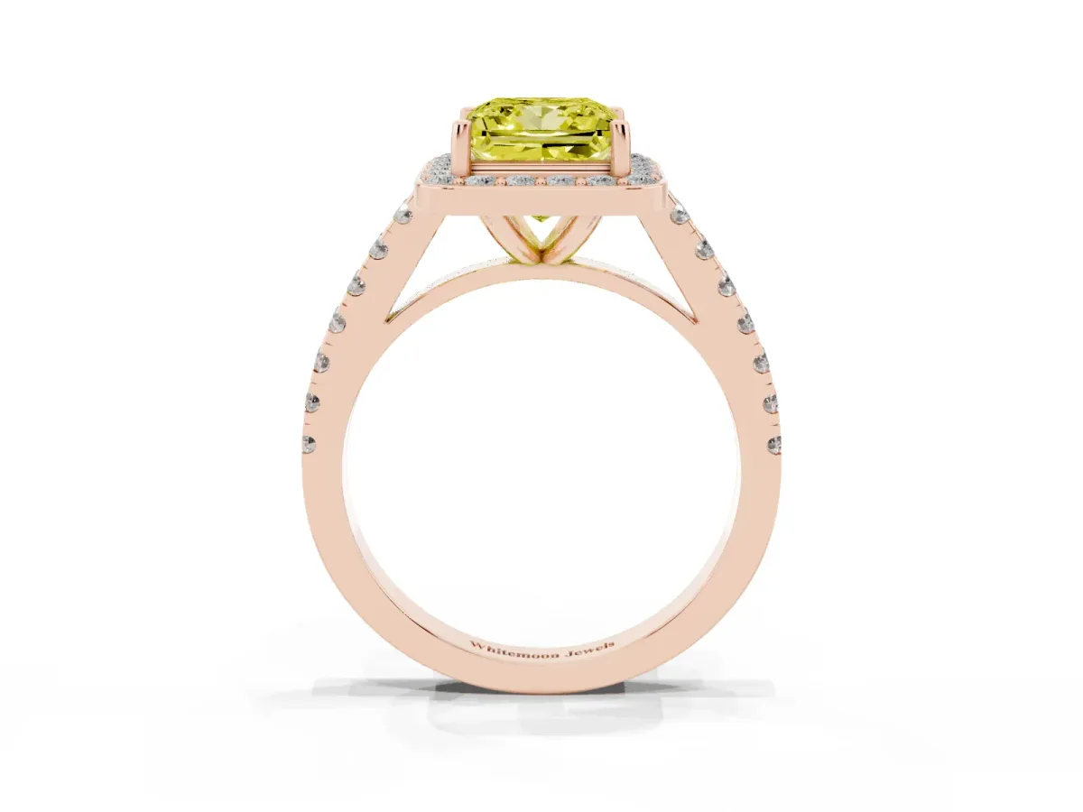 Fancy Yellow Princess Cut Diamond Halo Ring with Round Pavé Split Shank and Prong Setting Rose gold