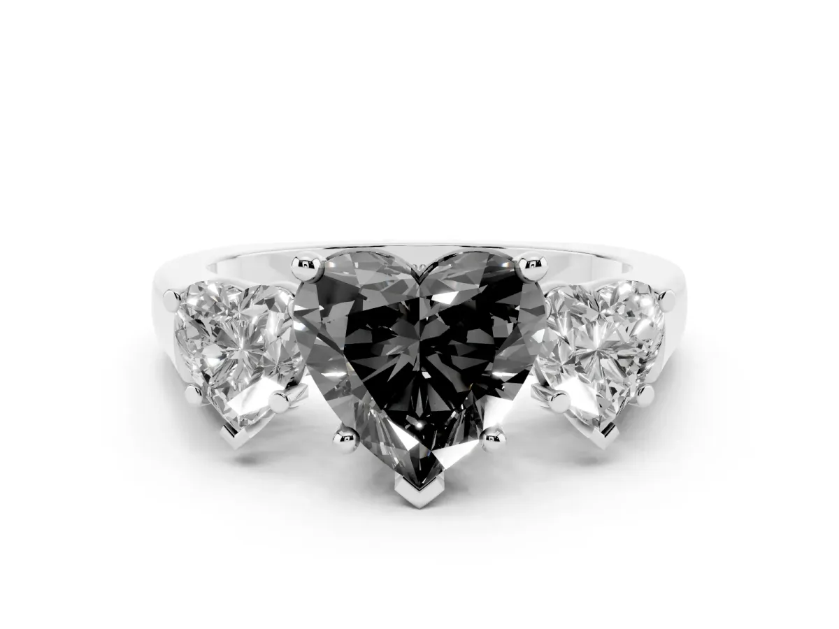 Fancy Black Three-Stone Heart Cut Brilliant Diamond Trellis Ring with Comfort Fit Band Silver