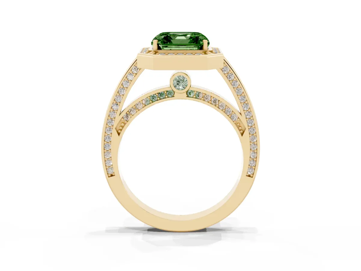 Fancy Green Asscher Cut Cut Halo Pave Split Shank Prong Setting Ring Yellow gold