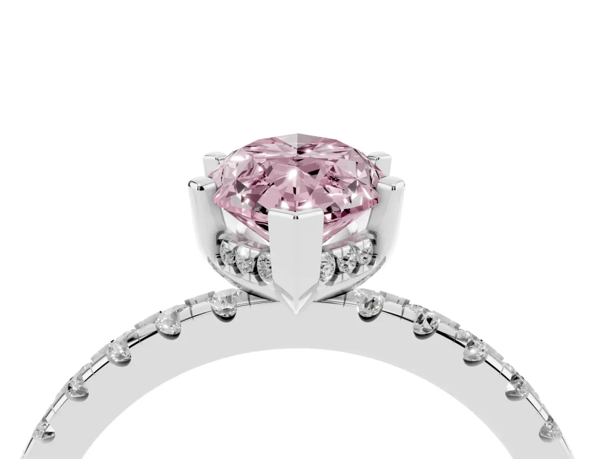 Fancy Pink Marquise Cut Diamond Solitaire Ring with Round Pavé Band and Four-Prong Setting Silver