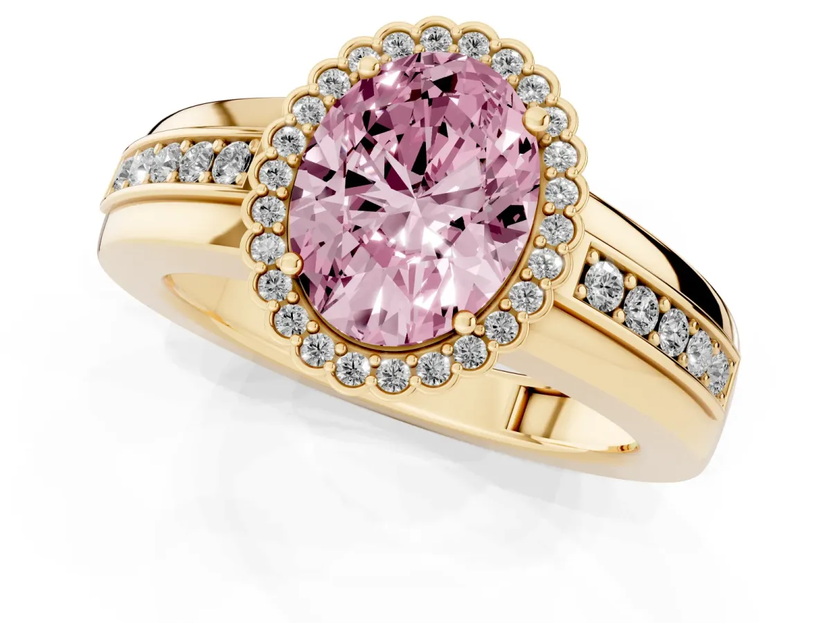 Fancy Pink Oval Cut Cut Halo Pave Band Four-Prong Ring Yellow gold