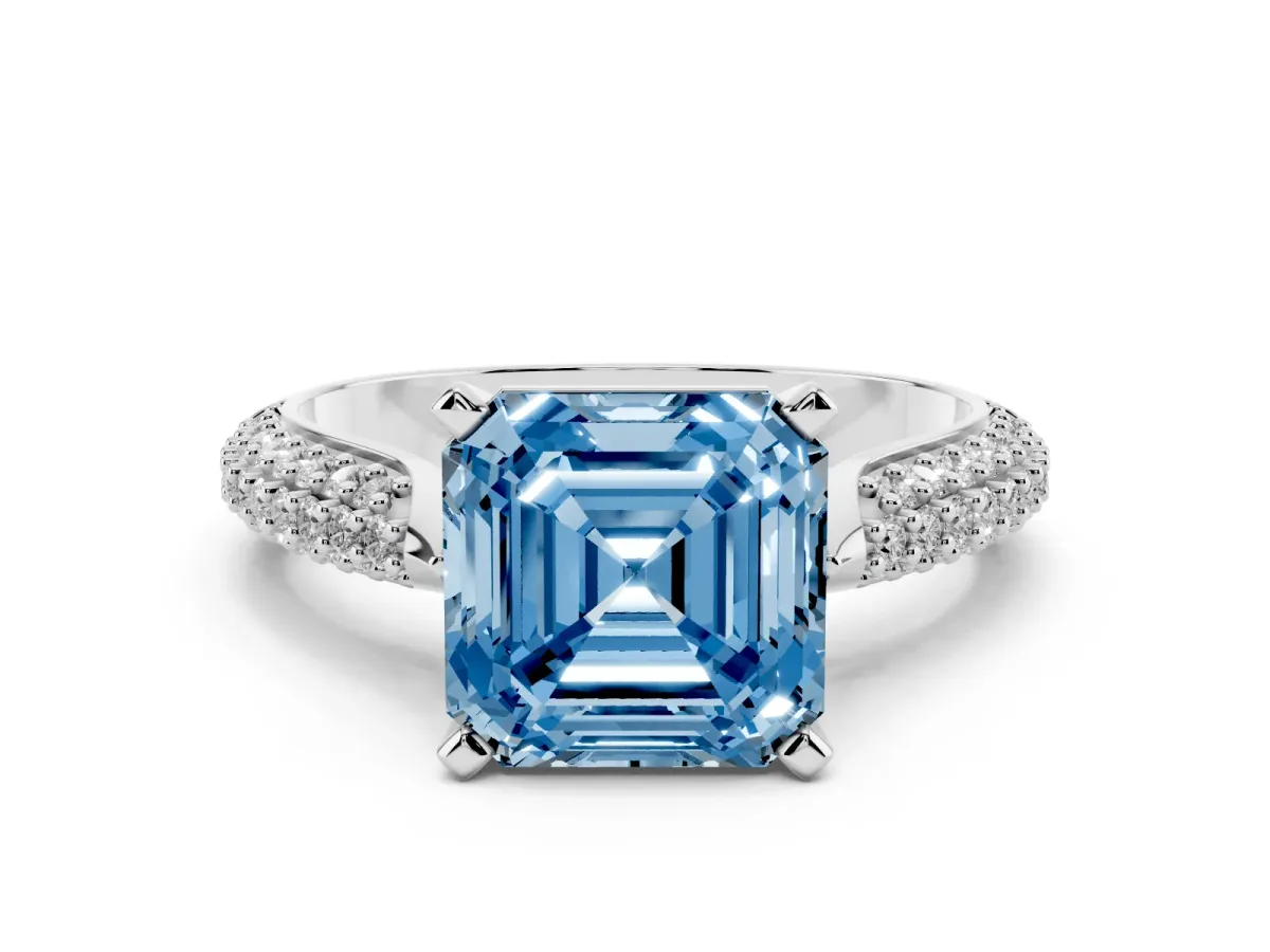 Fancy Blue Asscher Cut Diamond Solitaire Engagement Ring with Multi-Row Round Pavé Band and Prong Setting Silver