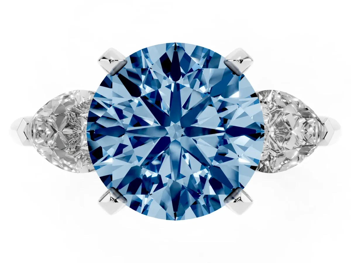Fancy Blue Three-Stone Round Cut Diamond Ring with Pear Side Stones and Four-Prong Setting Platinum