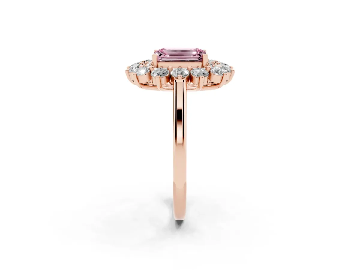 Fancy Pink Emerald Cut Diamond Floral Double Halo Engagement Ring with Prong Setting Rose gold