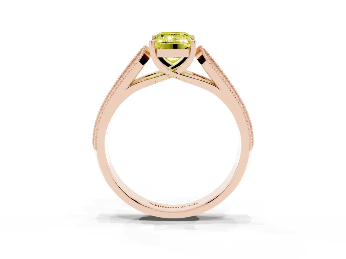 Fancy Yellow Emerald Cut Cut Pave Split Shank Engagement Ring with Four-Prong Setting Rose gold