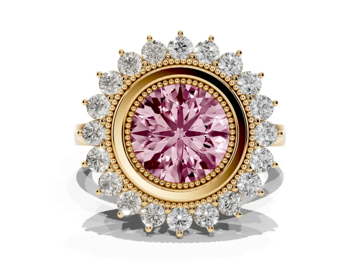 Fancy Pink Round Cut Halo Diamond Ring with Milgrain Edge and Round Prong Setting Yellow gold