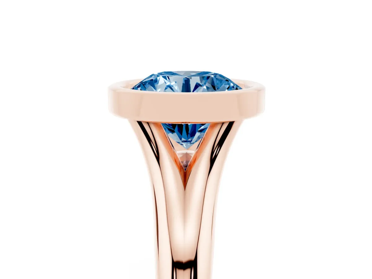 Fancy Blue Bezel Set Round Cut Solitaire Diamond Ring with Smooth Band Rose gold
