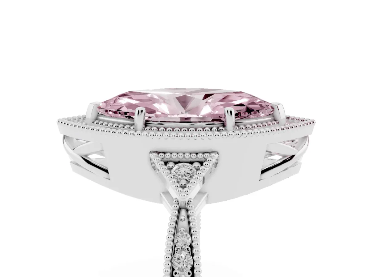 Fancy Pink Marquise Cut Halo Round Diamond Milgrain Pave Engagement Ring White gold