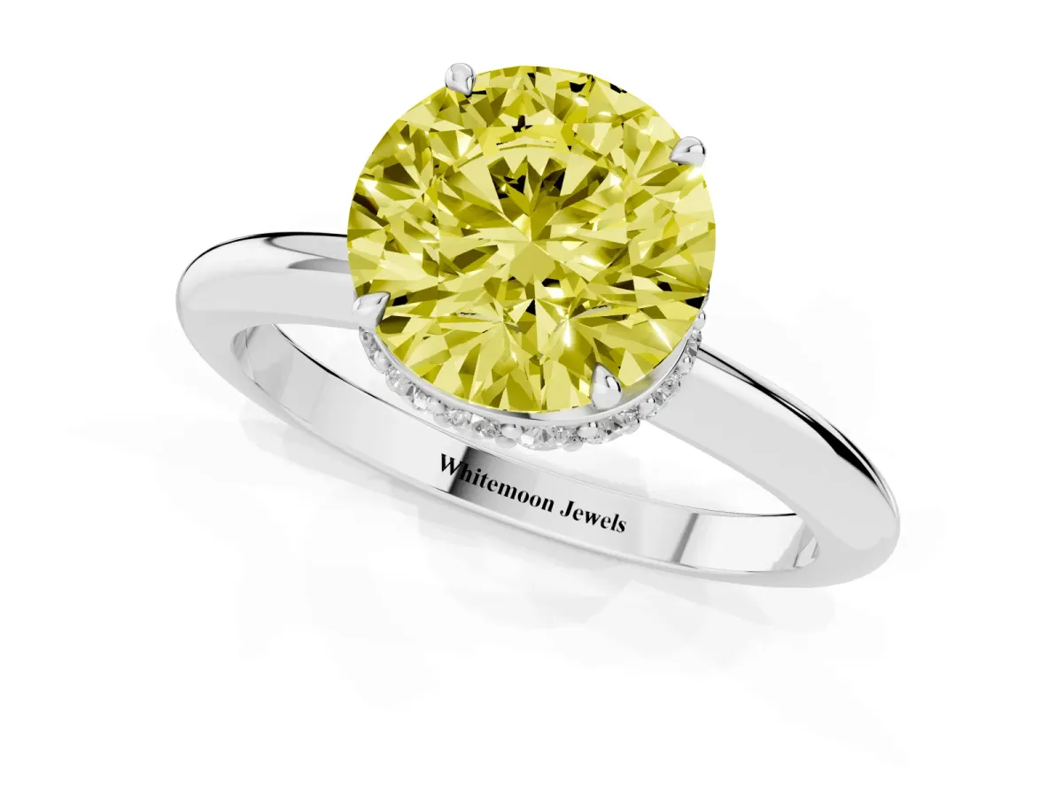 Fancy Yellow Round Cut Brilliant Solitaire Engagement Ring with Six-Prong Setting and Classic Band White gold