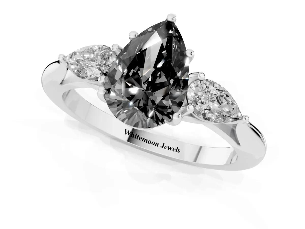 Fancy Black Pear Cut Diamond Three-Stone Ring with Pear Side Stones and Prong Setting Platinum