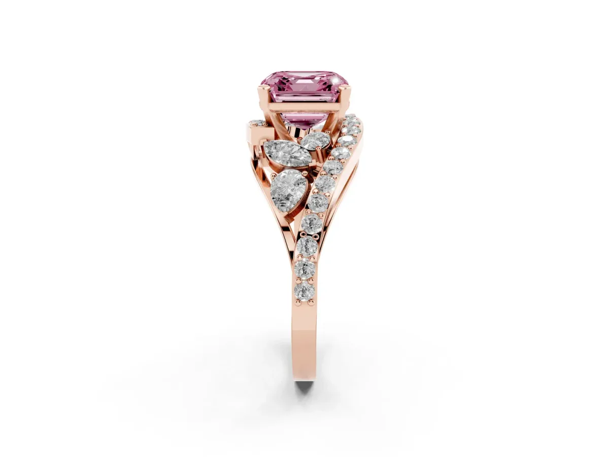 Fancy Pink Asscher Cut Diamond Halo Ring with Marquise and Pavé Band in Prong Setting Rose gold