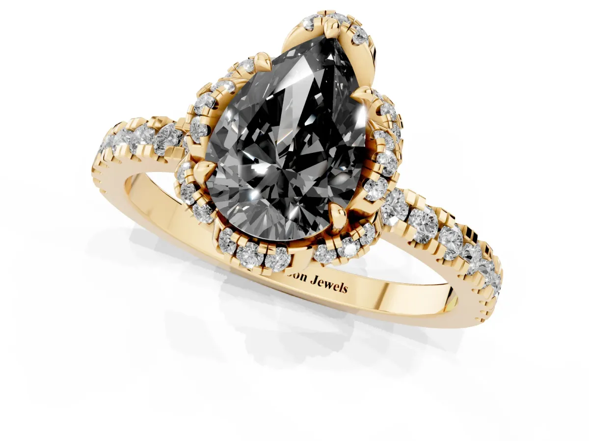 Fancy Black Pear Cut Diamond Halo Pave Band with Four-Prong Setting Yellow gold