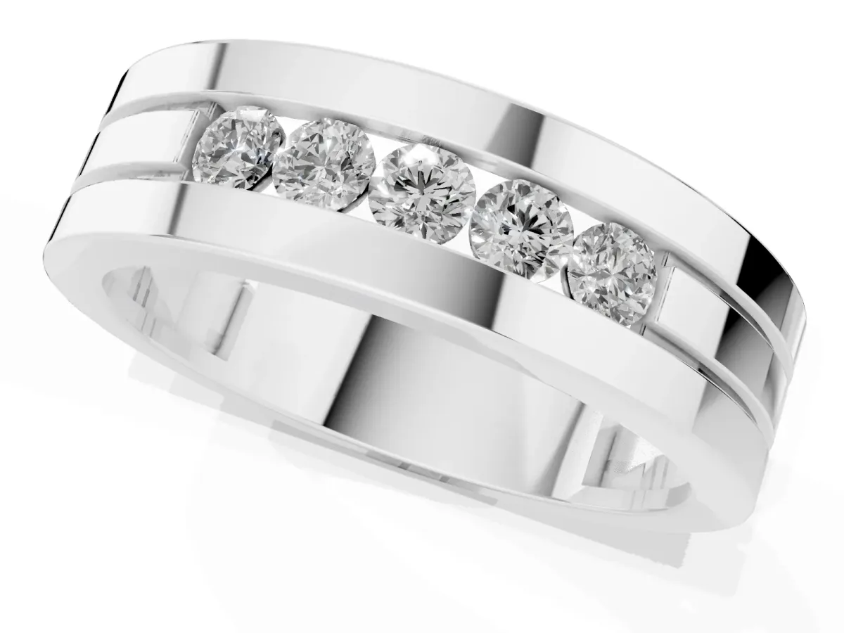 Round Diamond Five-Stone Channel Set Mens Band Silver