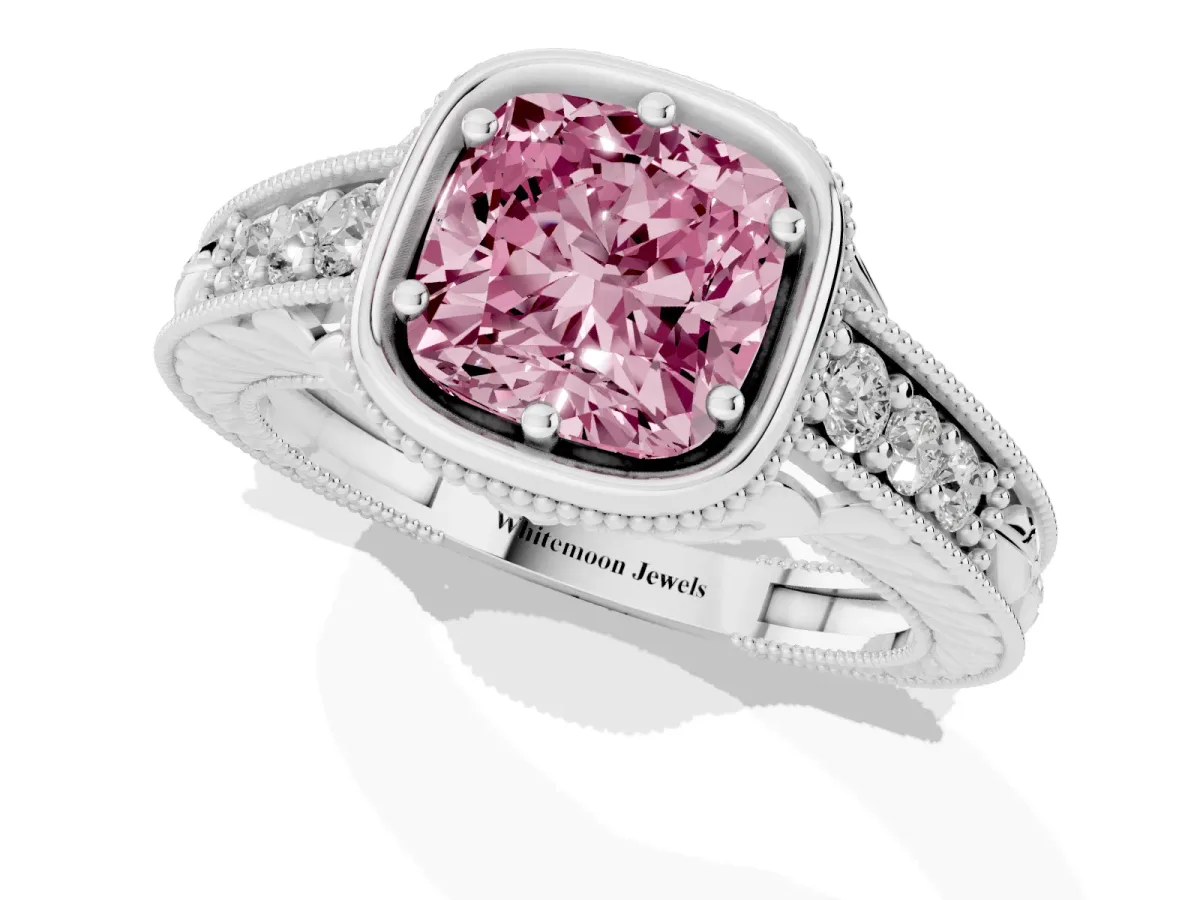 Fancy Pink Bezel Set Cushion Cut Diamond Milgrain Pave Engagement Ring Silver