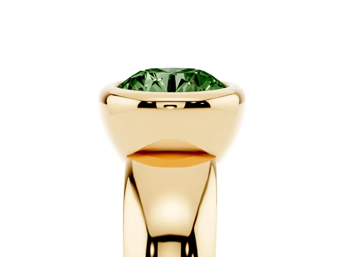 Fancy Green Bezel Set Round Cut Solitaire Ring with Wide Band Yellow gold