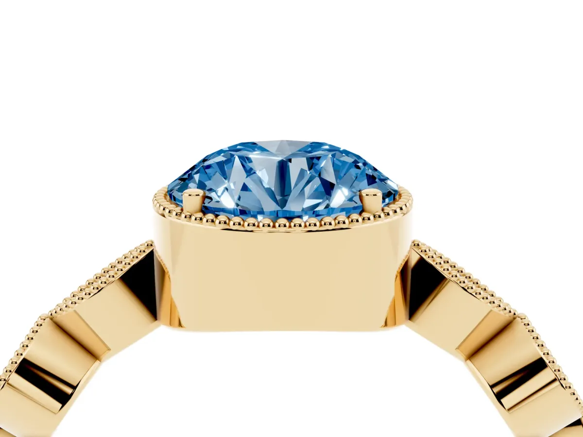 Fancy Blue Round Cut Diamond Vintage Milgrain Ring with Round Stations Yellow gold