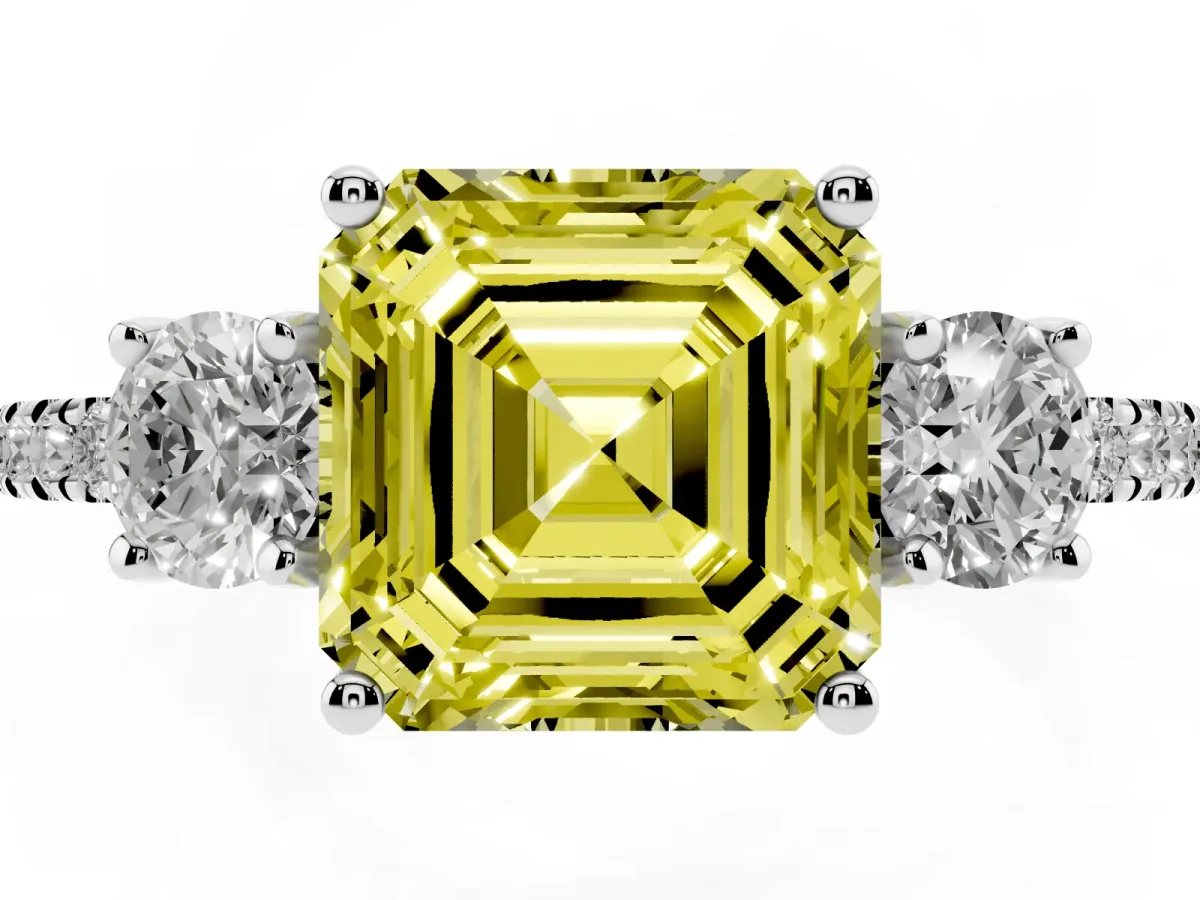 Fancy Yellow Three-Stone Asscher Cut Cut Diamond Pavé Band with Prong Setting Silver