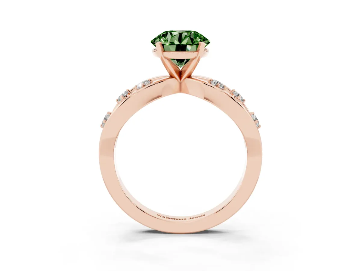 Fancy Green Round Cut Cut Solitaire Diamond with Side Stones on Criss-Cross Band and Four-Prong Setting Rose gold
