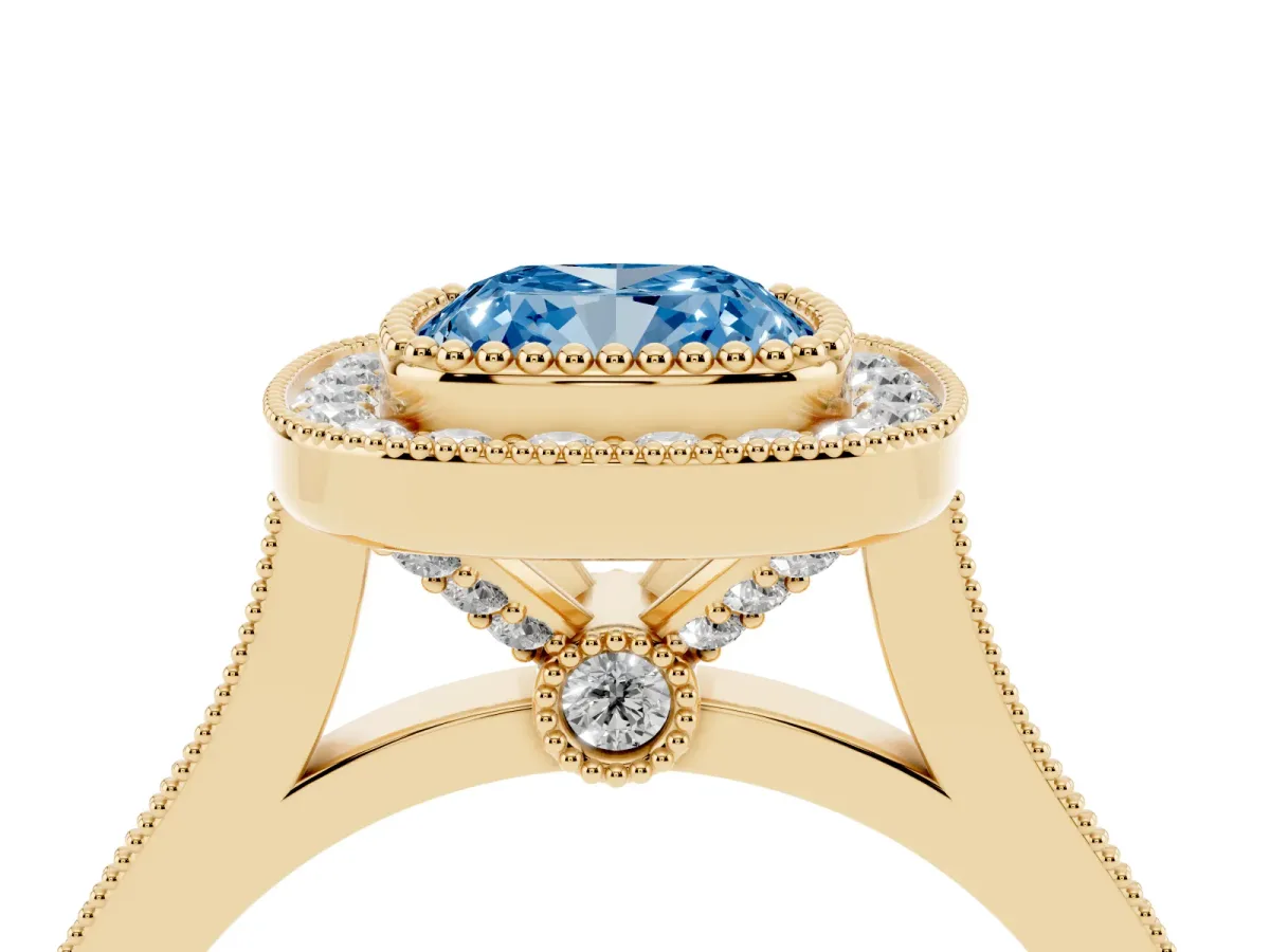 Fancy Blue Cushion Cut Diamond Halo Ring with Milgrain Frame and Pavé Band Yellow gold