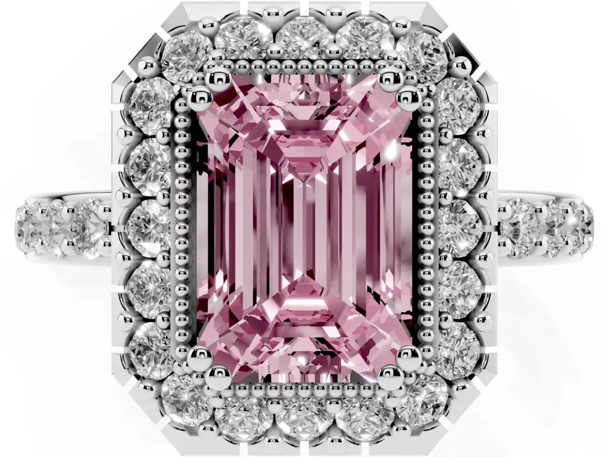 Fancy Pink Emerald Cut Diamond Halo Ring with Pavé Band and Prong Setting Platinum