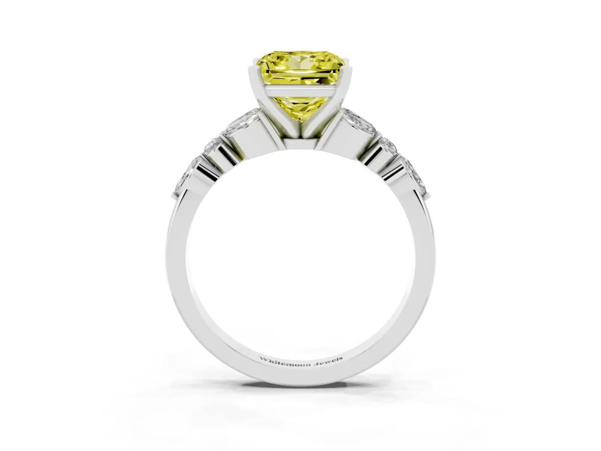 Fancy Yellow Princess Cut Diamond Solitaire Ring with Side Stones and Four-Prong Setting Silver