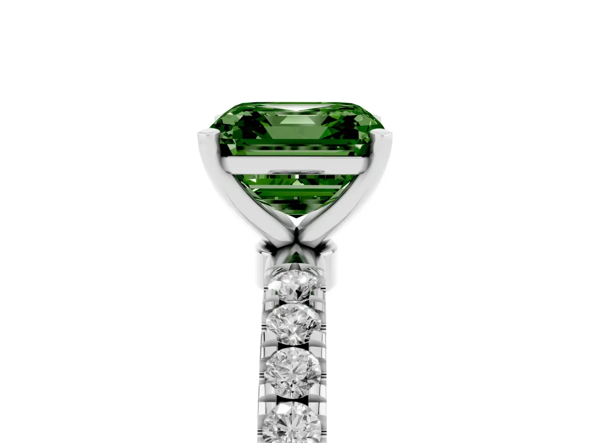 Fancy Green Asscher Cut Diamond Solitaire Ring with Pavé Accents and Four-Prong Setting Platinum