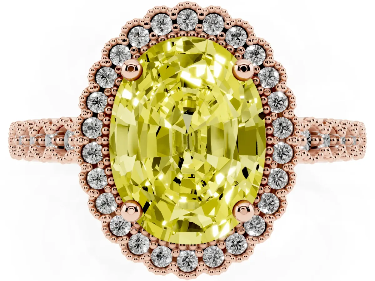 Fancy Yellow Oval Cut Cut Halo Pavé Solitaire Ring with Milgrain Band Rose gold