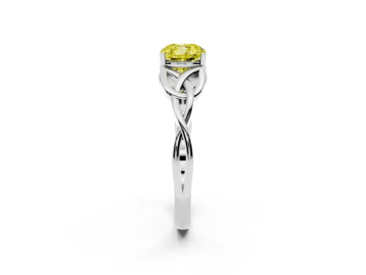 Fancy Yellow Cushion Cut Diamond Solitaire Engagement Ring with Celtic Knot Band and Four-Prong Setting Silver