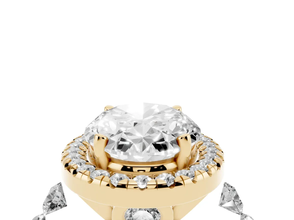 Oval Cut Halo Pavé Diamond Engagement Ring with Four-Prong Setting Yellow gold