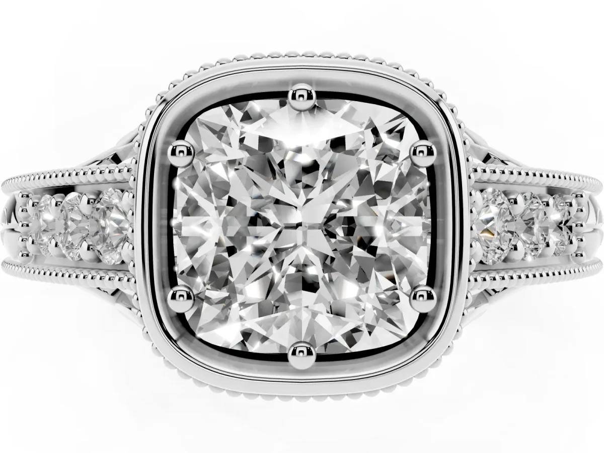 Bezel Set Cushion Cut Diamond Milgrain Pave Engagement Ring White gold