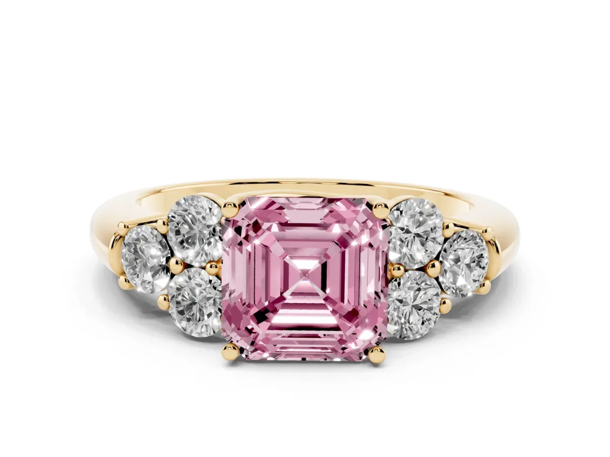 Fancy Pink Asscher Cut Cut Diamond Cluster Ring with Round Accent Stones and Prong Setting on a Classic Band Yellow gold