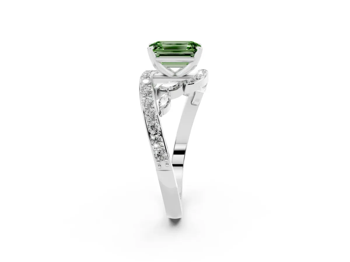 Fancy Green Emerald Cut Solitaire with Pavé Twist Band and Four-Prong Setting Silver