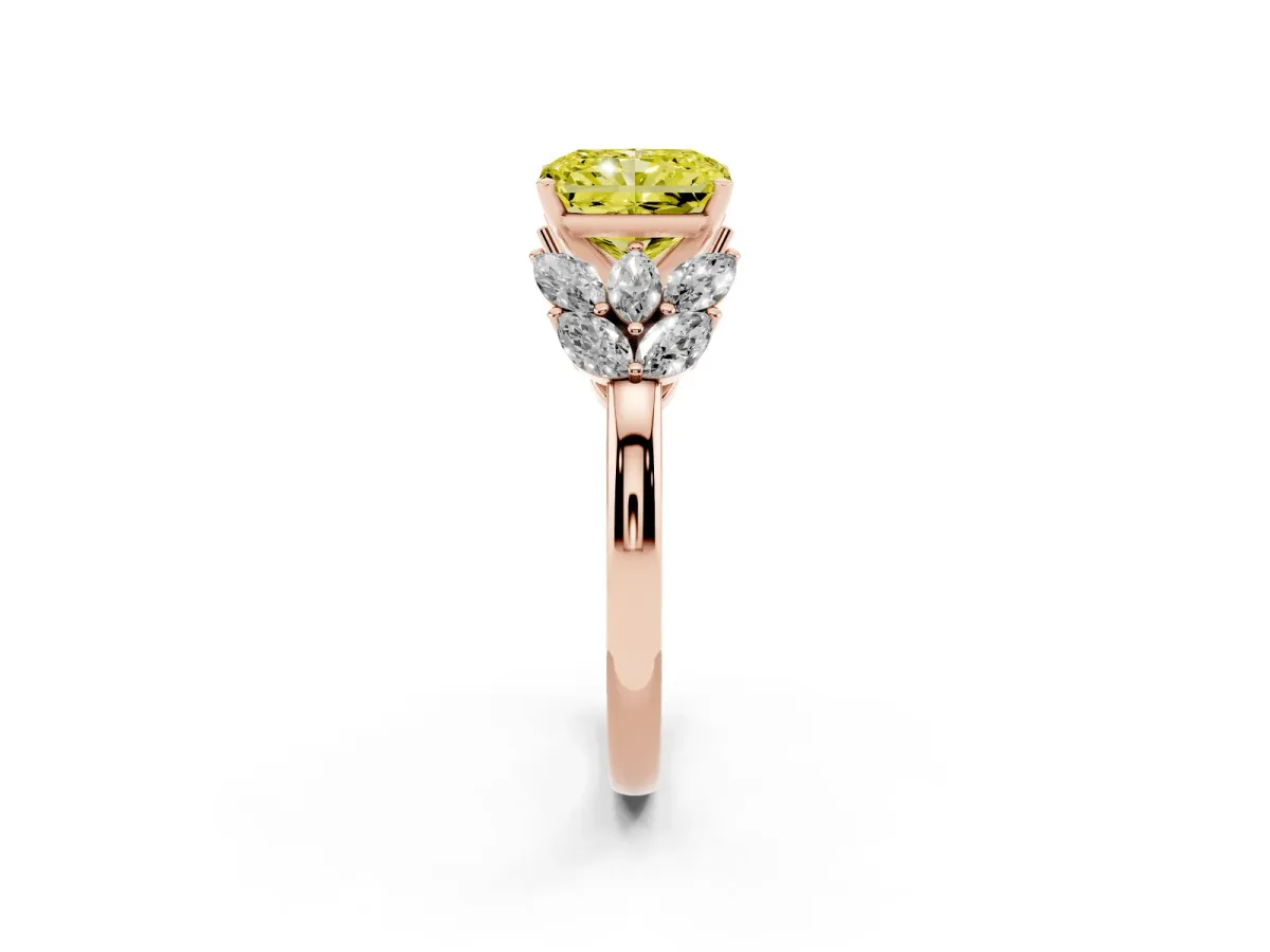 Fancy Yellow Radiant Cut Diamond Cluster Leaf Design Ring with Prong Setting Rose gold