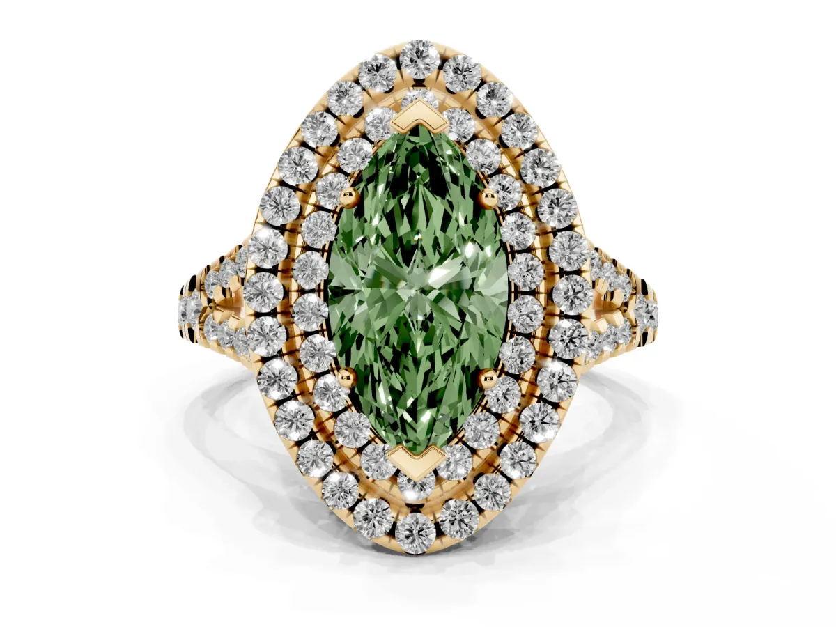 Fancy Green Double Halo Marquise Cut Diamond Pavé Split Shank Ring with Prong Setting Yellow gold
