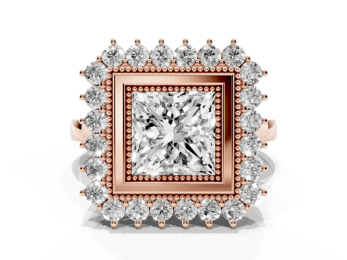 Princess Cut Halo Diamond Ring with Milgrain Edge and Round Prong Setting Rose gold