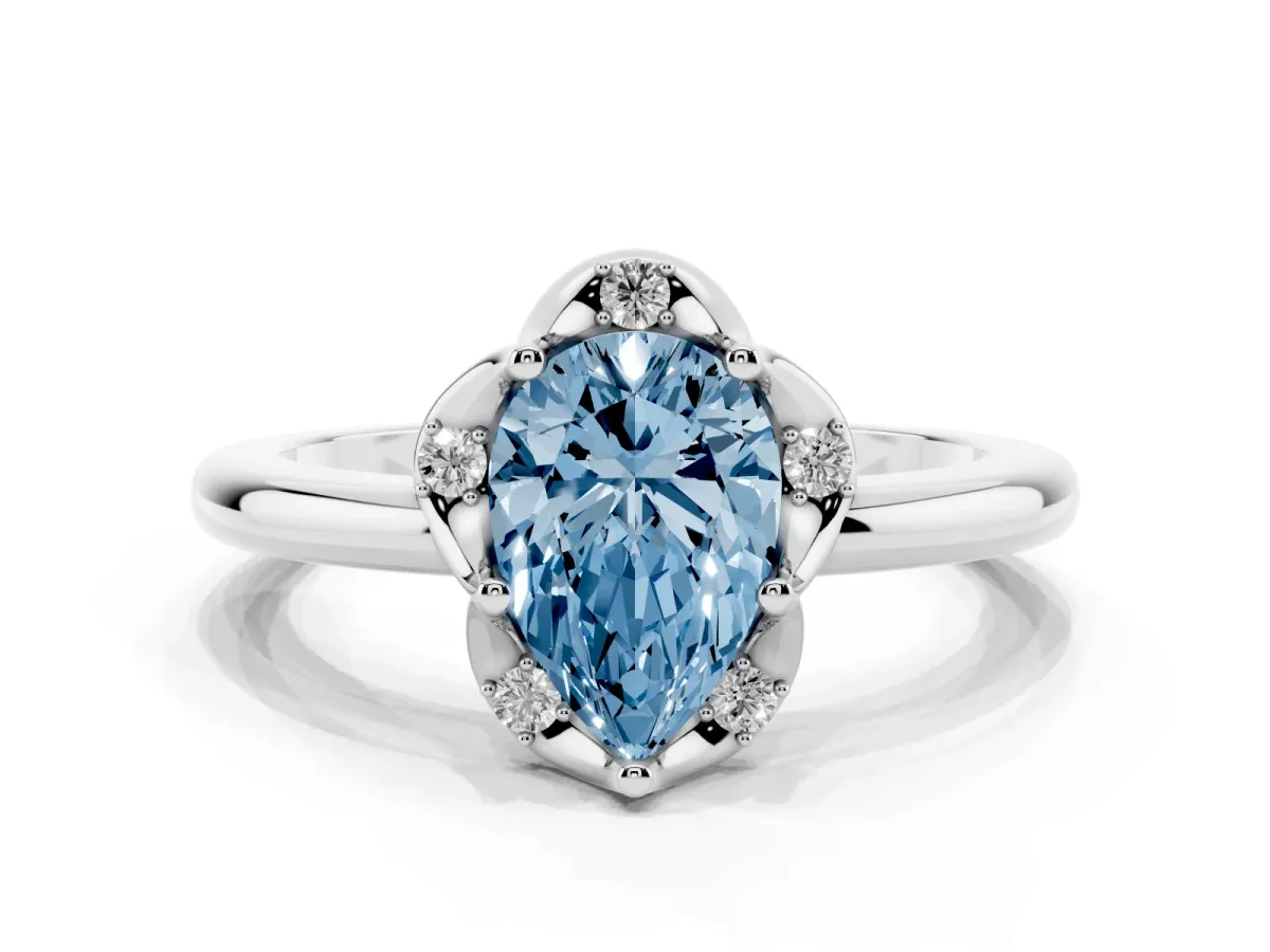 Fancy Blue Pear Cut Halo Diamond Ring with Round Cluster Setting, Solitaire Band, and Four-Prong Setting Silver