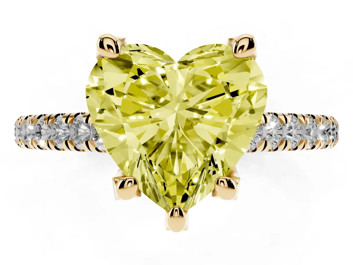 Fancy Yellow Heart Cut Brilliant Diamond Solitaire with Pavé Band and Four-Prong Setting Yellow gold