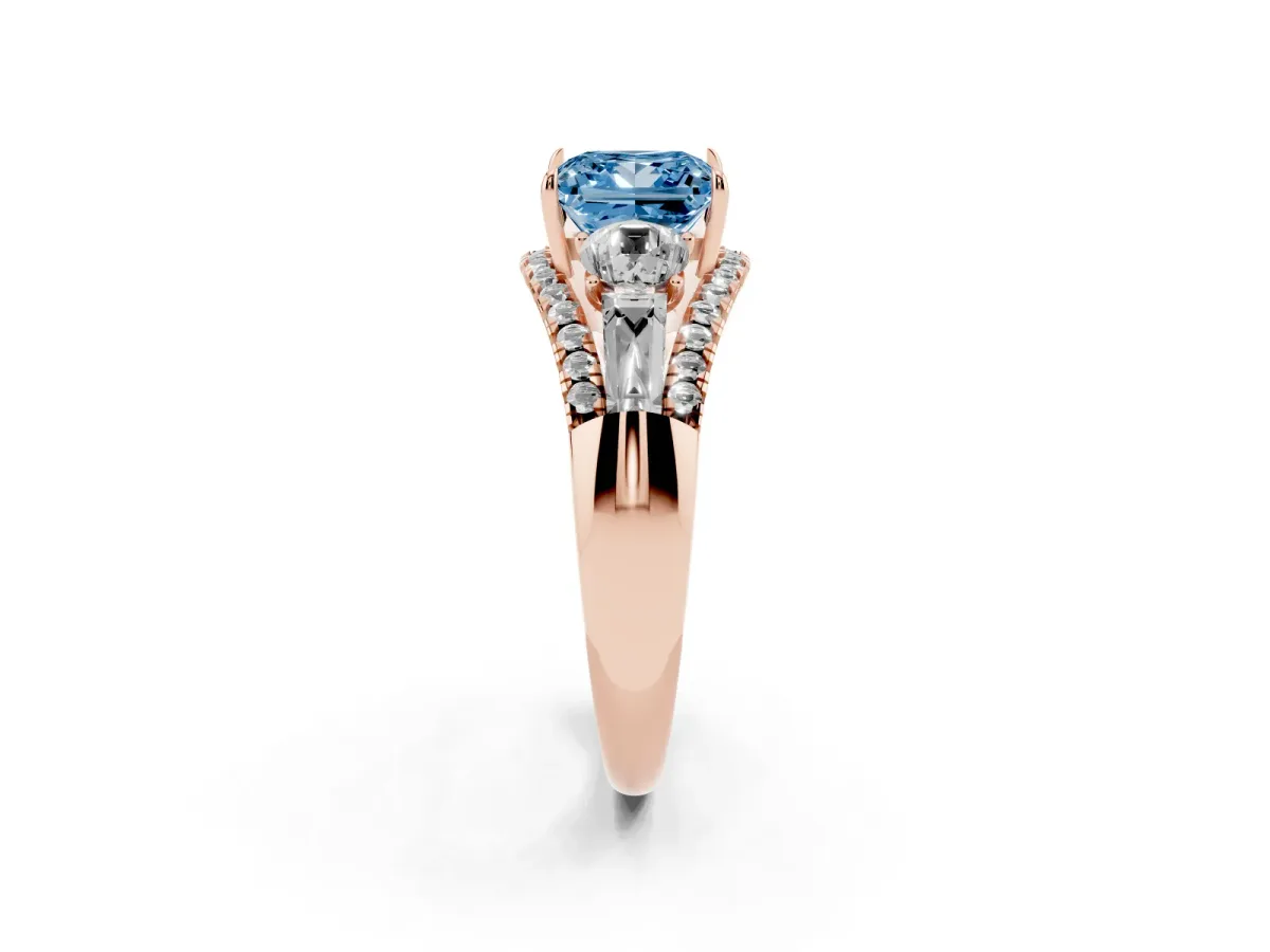 Fancy Blue Three-Stone Princess Cut Diamond Engagement Ring with Pave Band and Prong Setting Rose gold