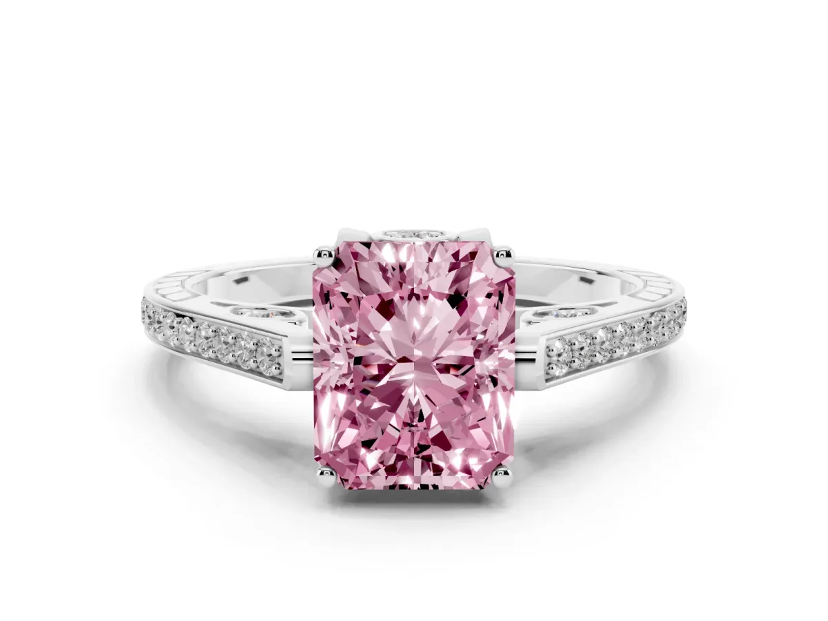 Fancy Pink Radiant Cut Cut Cathedral Pave Diamond Engagement Ring with Six-Prong Setting Platinum