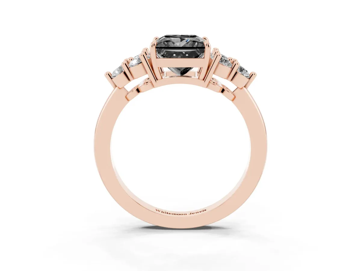 Fancy Black Princess Cut Brilliant Diamond Cluster Accent Solitaire Ring with Prong Setting Rose gold