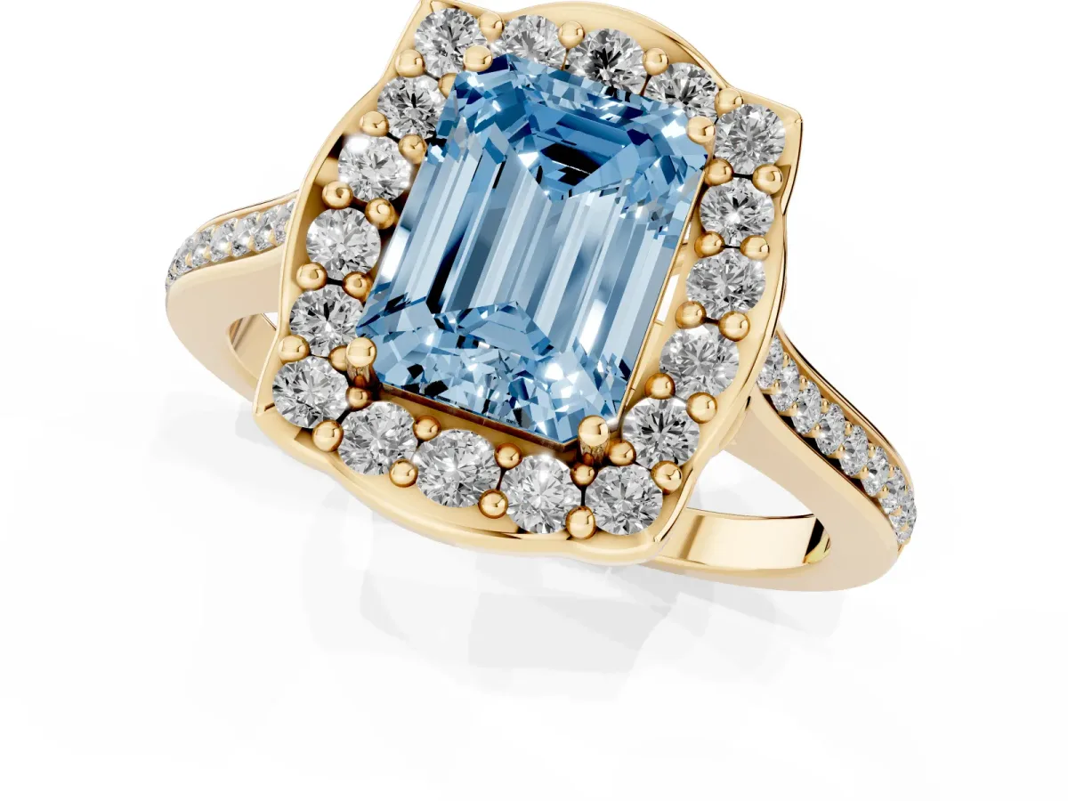 Fancy Blue Emerald Cut Halo Round Diamond Pave Band with Four-Prong Setting Yellow gold