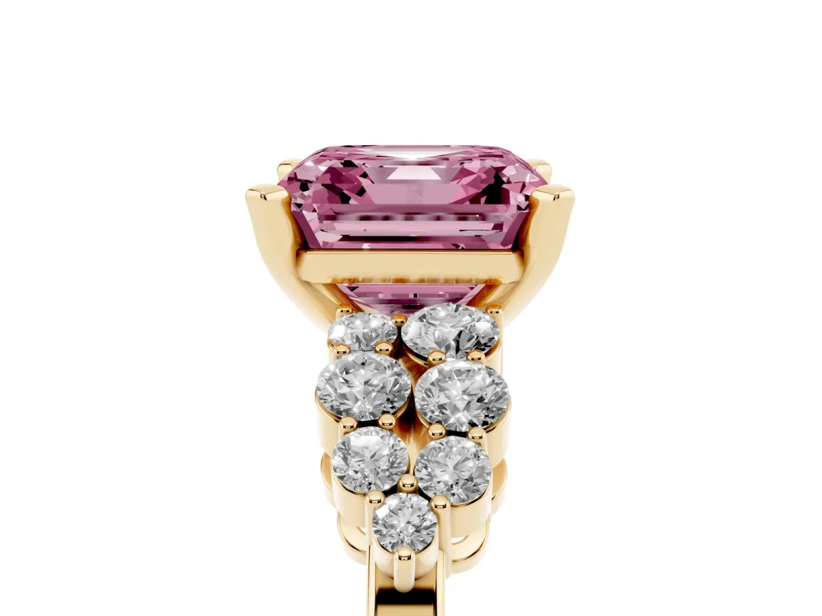 Fancy Pink Asscher Cut Cluster Diamond Engagement Ring with Pavé Band and Four-Prong Setting Yellow gold