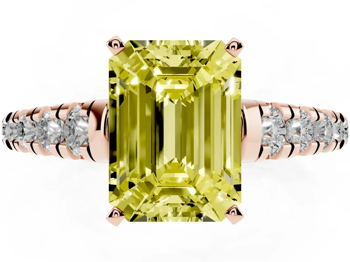 Fancy Yellow Emerald Cut Diamond Cathedral Solitaire Ring with Round Pavé Band Rose gold
