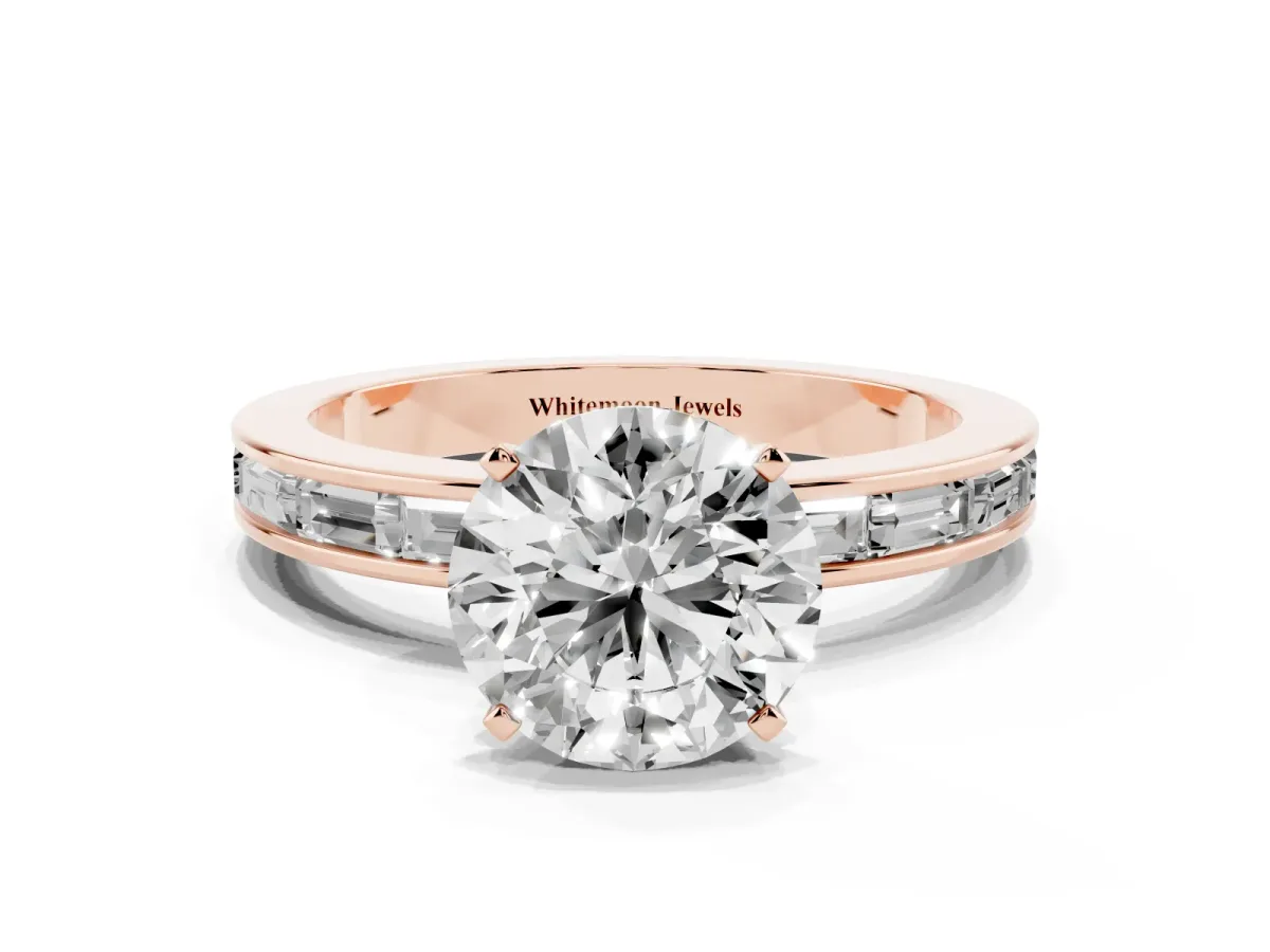 Round Cut Solitaire Diamond Ring with Channel-Set Baguette Band and Four-Prong Setting Rose gold