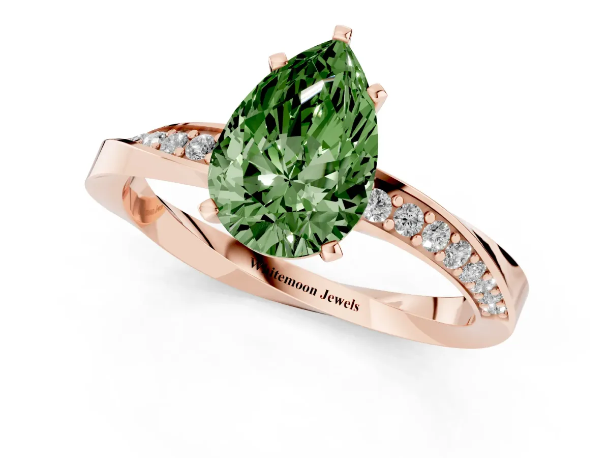 Fancy Green Pear Cut Diamond Engagement Ring with Side Stone Accents and Four-Prong Setting Rose gold