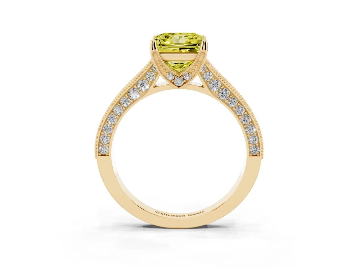 Fancy Yellow Princess Cut Cut Diamond Solitaire Ring with Milgrain Pave Band and Four Prong Setting Yellow gold
